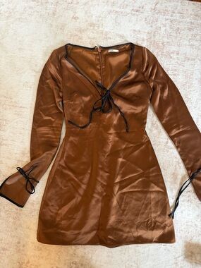 House of CB Chocolate Brown Satin Long Sleeve Tie-Front Mini Dress